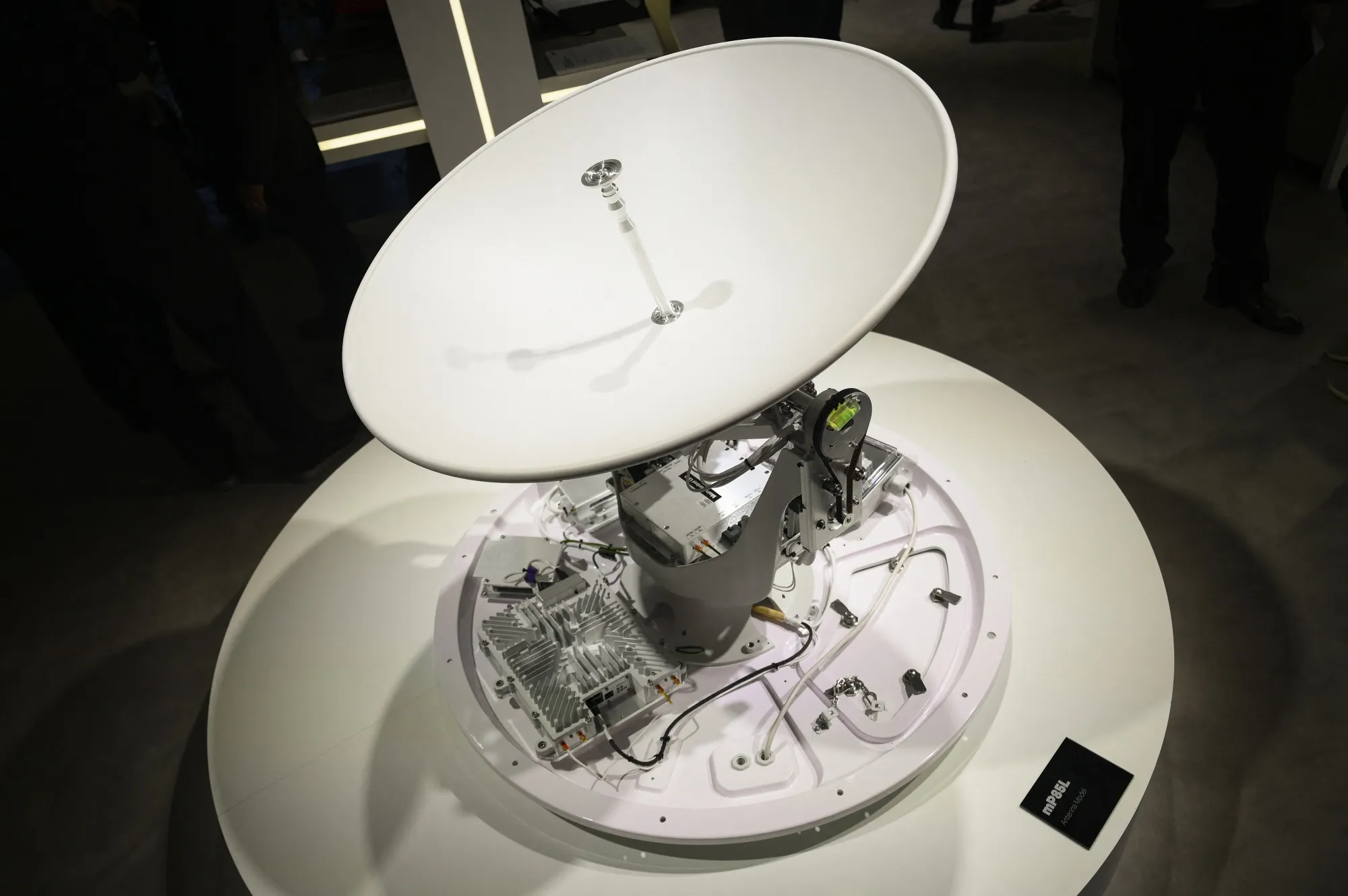 A detail of a SES satellite antenna at the 2025 Mobile World Congress in Barcelona.