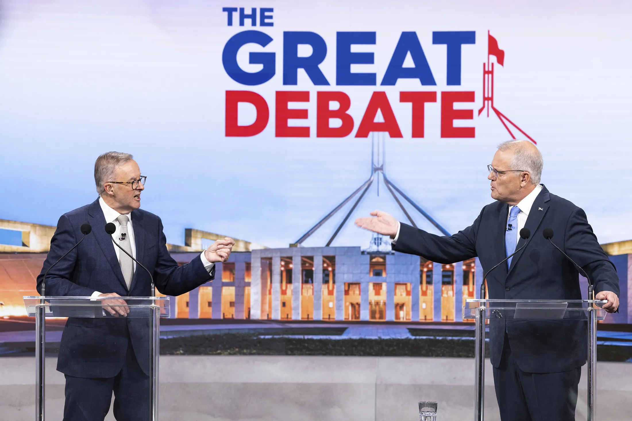 Anthony Albanese, left, and Scott Morrison debate on live television, in Sydney, on May 8.