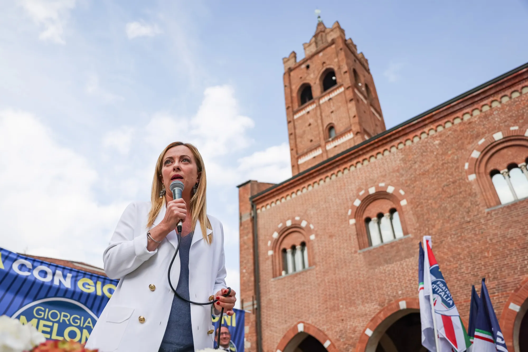 Giorgia Meloni attends a rally in Monza, Italy, on May 30.