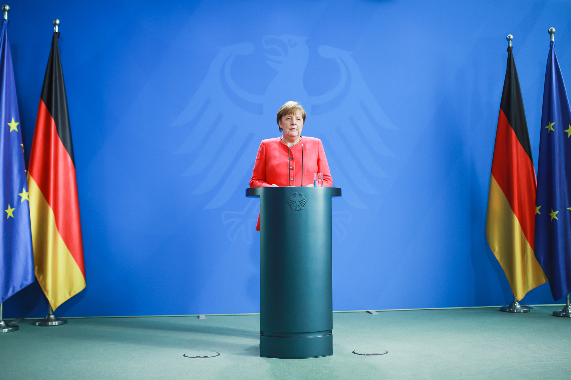 Angela Merkel speaks following a videoconference with the European Council, in Berlin, on June 19.