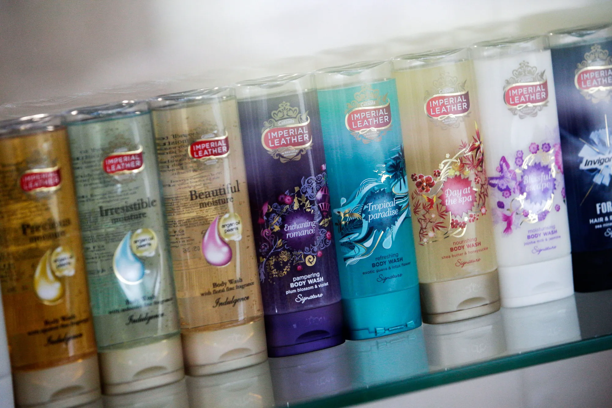 Bottles of Imperial Leather shower gel.
