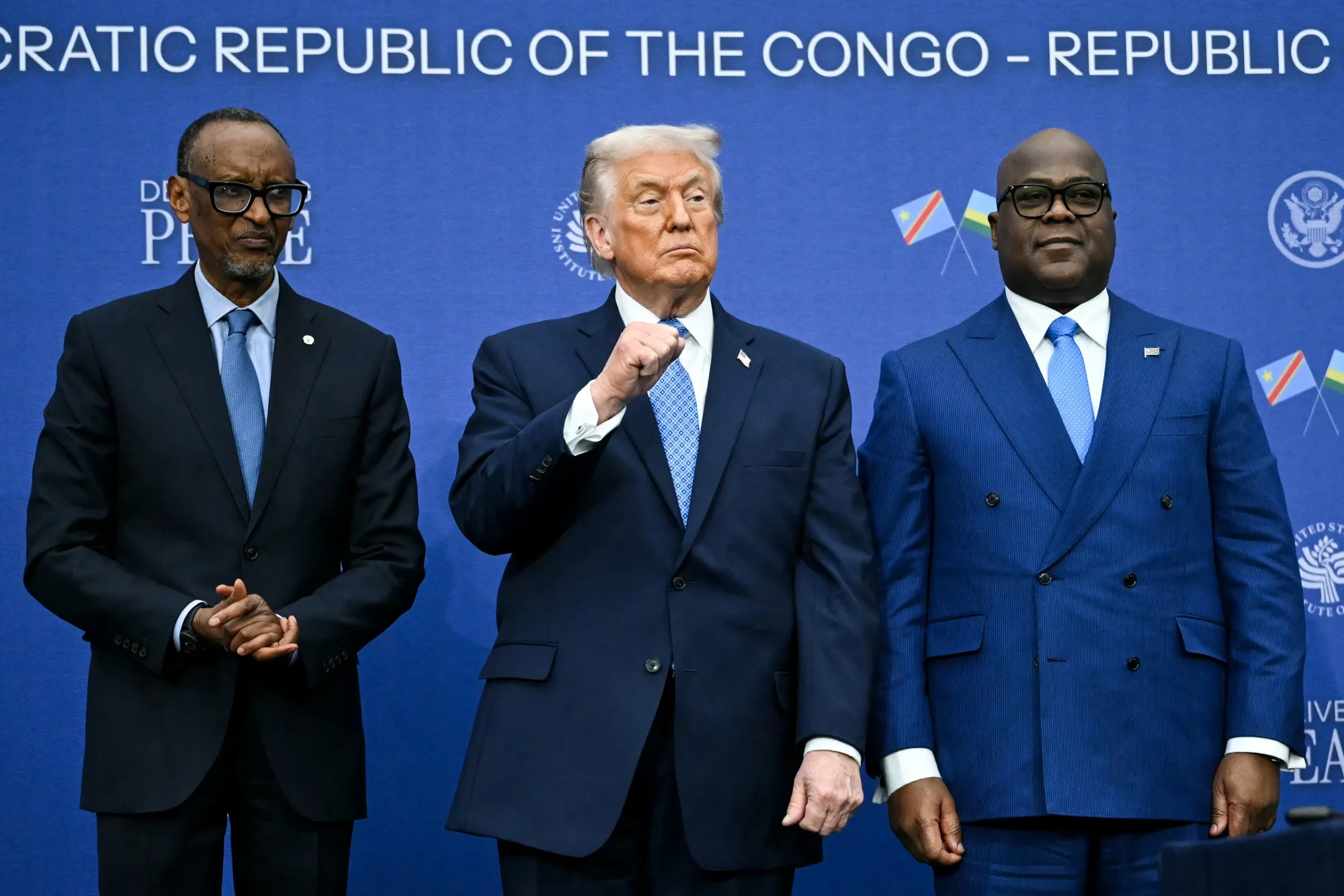 Rwanda’s President Paul Kagame, from left, US President Donald Trump, and the Democratic Republic of the Congo’s President Felix Tshisekedi during a signing ceremony at the United States Institute of Peace in Washington on Dec. 4.