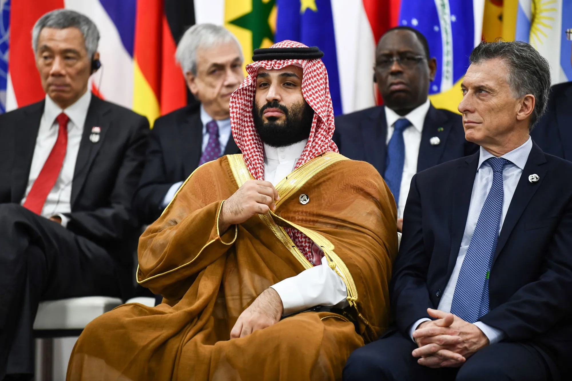 Mohammed bin Salman, center, at the G20 Summit in Osaka on June 29.
