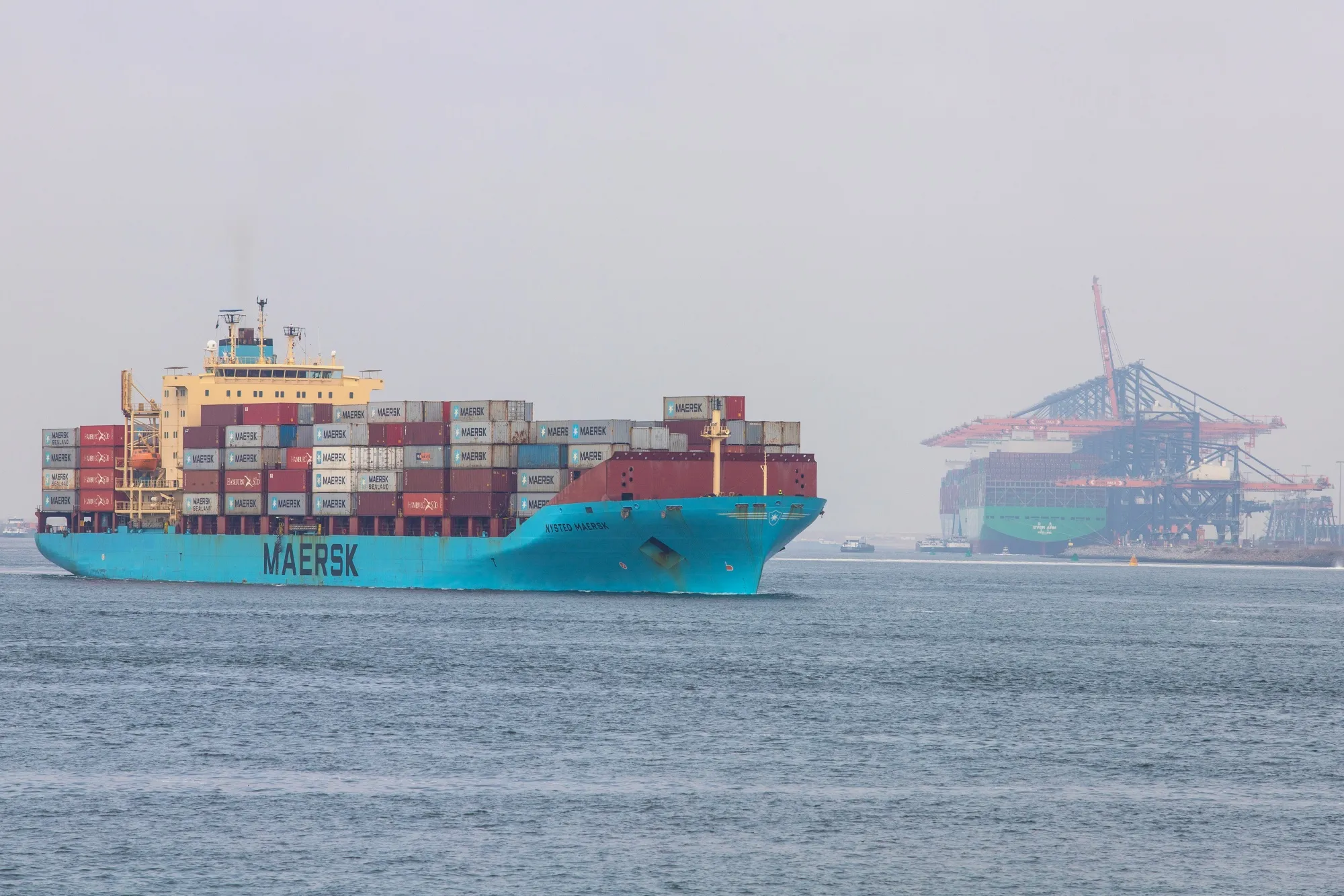 The Nysted Maersk container ship enters the Port of Rotterdam in Rotterdam, Netherlands, on Tuesday, Aug. 16, 2022.