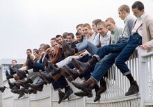 A group of skinheads at London’s Meadow Park football ground in 1975. Note the footwear.