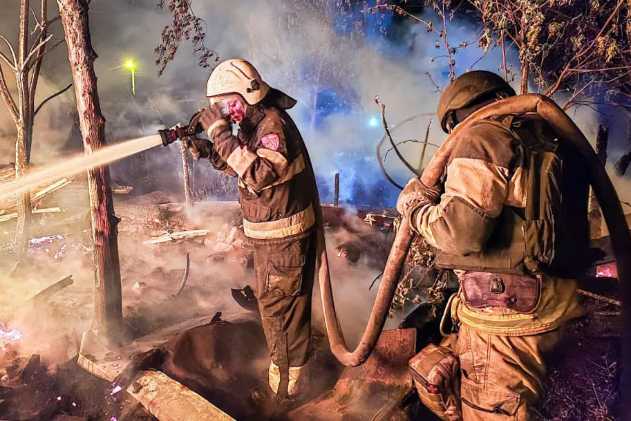Firefighters tackle a blaze following a Russian drone strike in Kharkiv,&nbsp;Ukraine, in this photo supplied by State Emergency Service of Ukraine, on April 29.