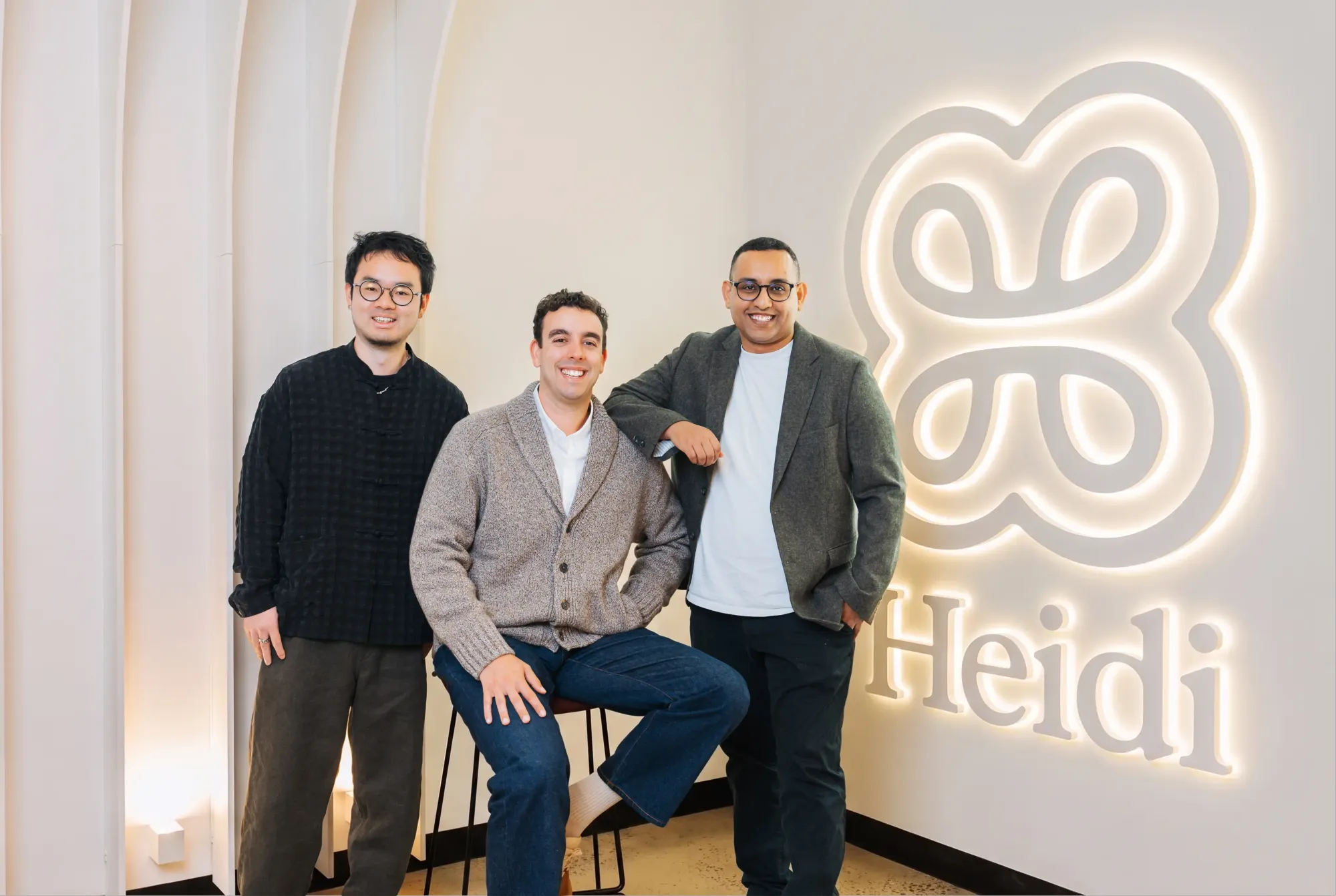 Co-founders of Heidi, Yu Liu, from left, Thomas Kelly, and Waleed Mussa.