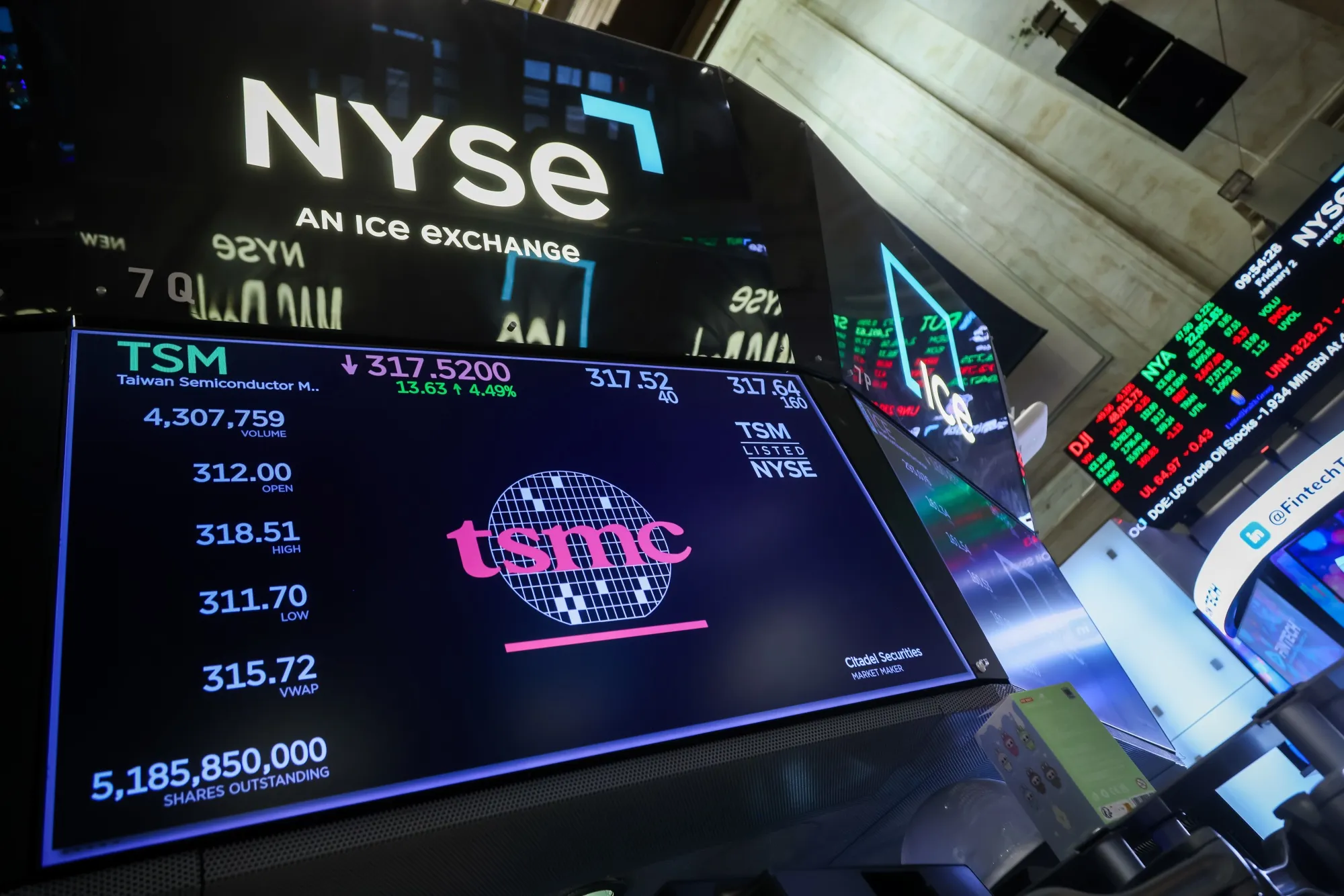Taiwan Semiconductor Manufacturing Co. (TSMC) signage on the floor of the New York Stock Exchange (NYSE) in New York, on Jan. 2