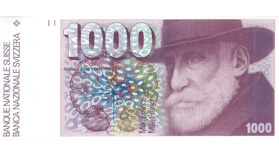 The 1000-franc bill of SNB's sixth banknote series, legal tender until 2000.