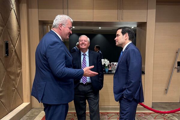 Andrii Sybiha, left,&nbsp;Lindsey Graham&nbsp;and Marco Rubio in Antalya, Turkey, on May 15.