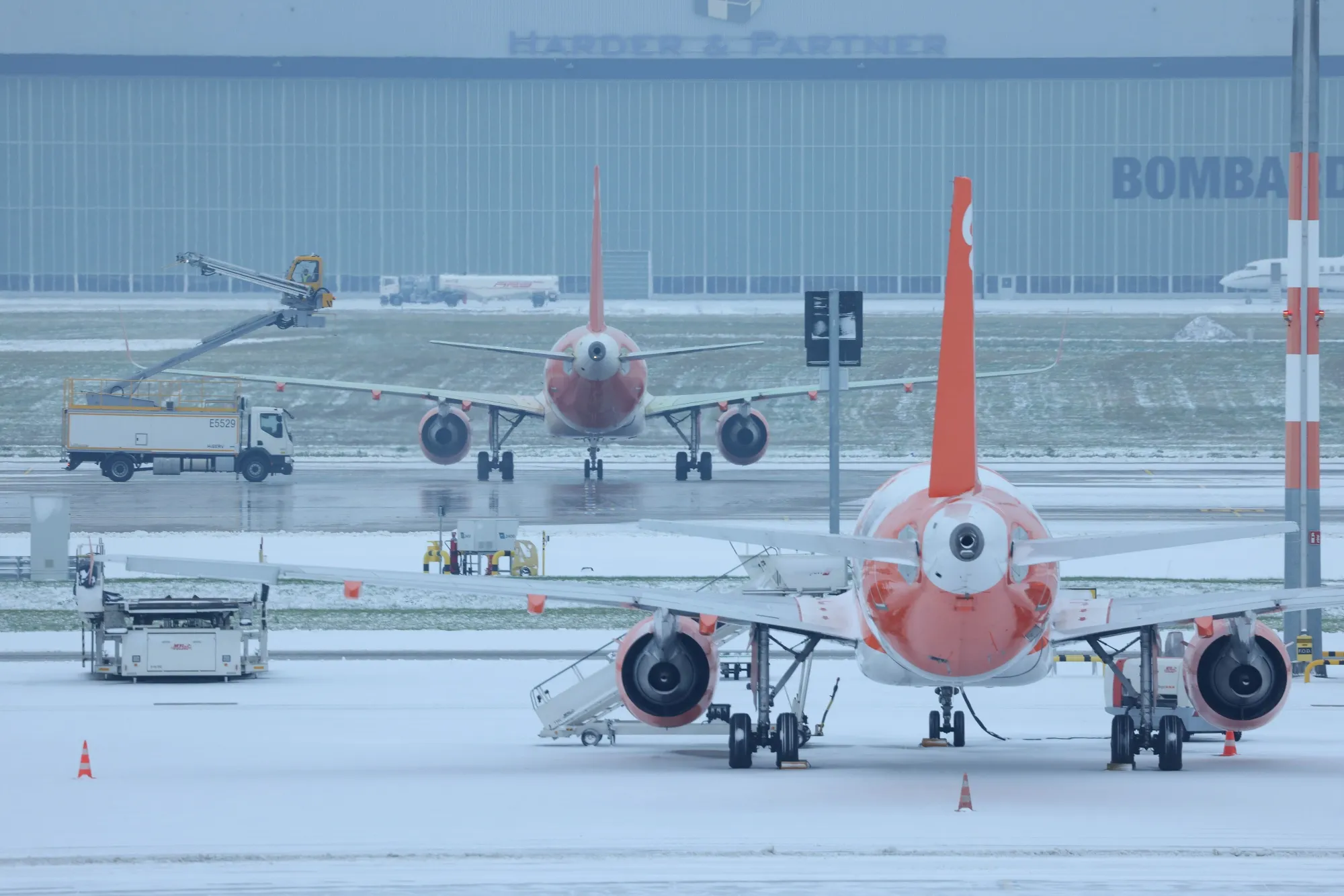 A de-icing vehicle at Berlin International Airport in Schoenefeld, Germany.