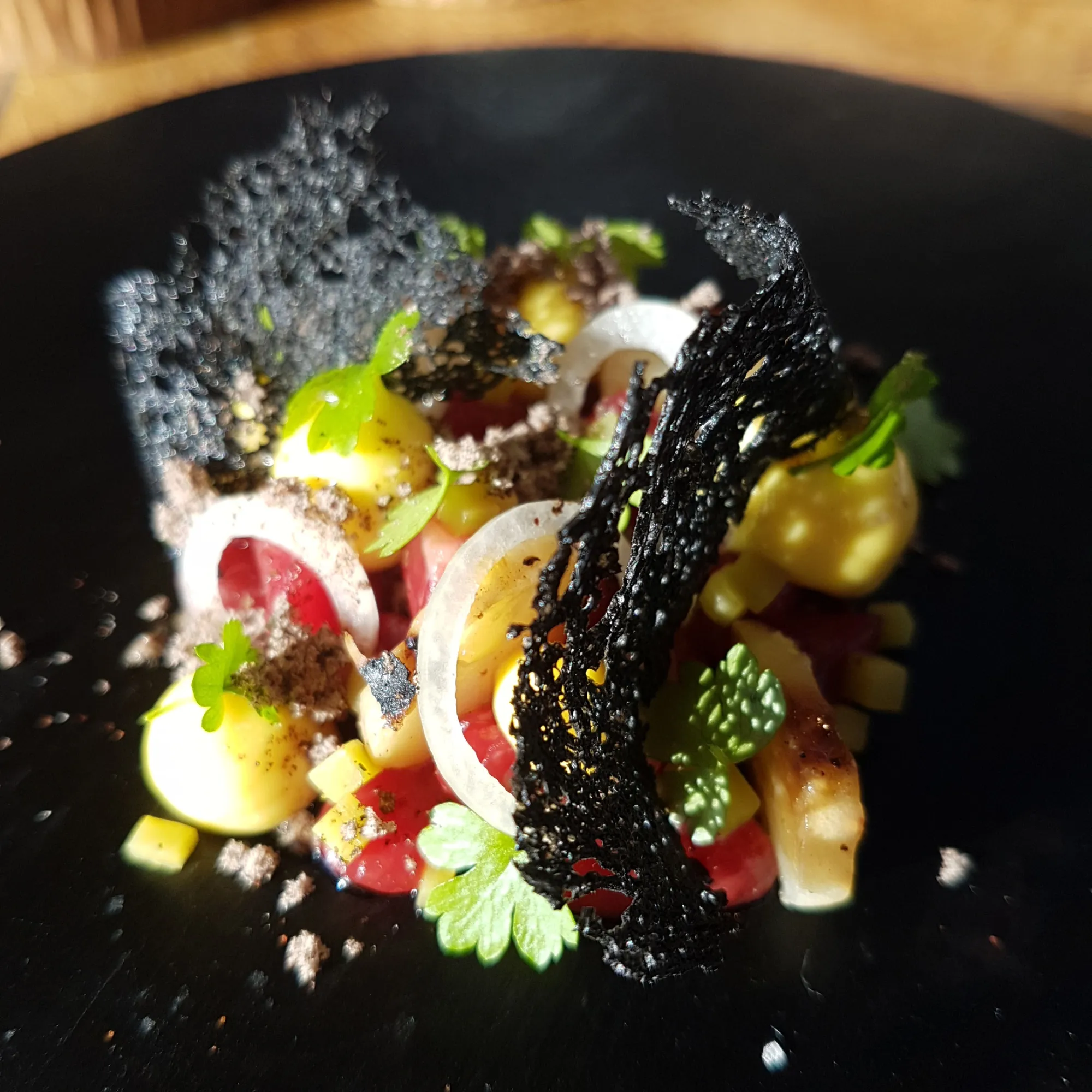 Dairy cow with mustard, shallot and barbecued celeriac at Moor Hall.