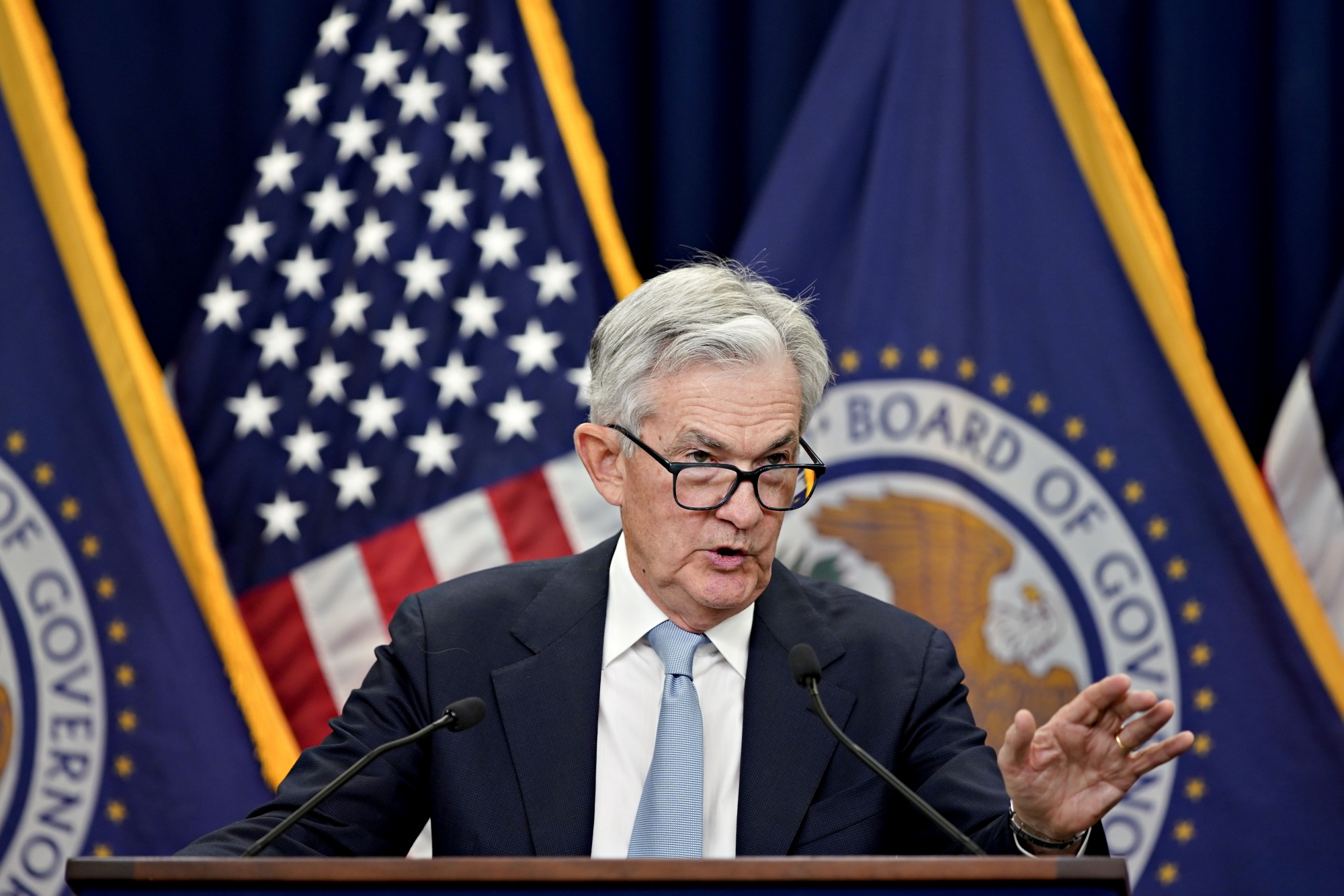Federal Reserve Chairman Jerome Powell during Wednesday’s news conference following the central bank’s rate hike.&nbsp;