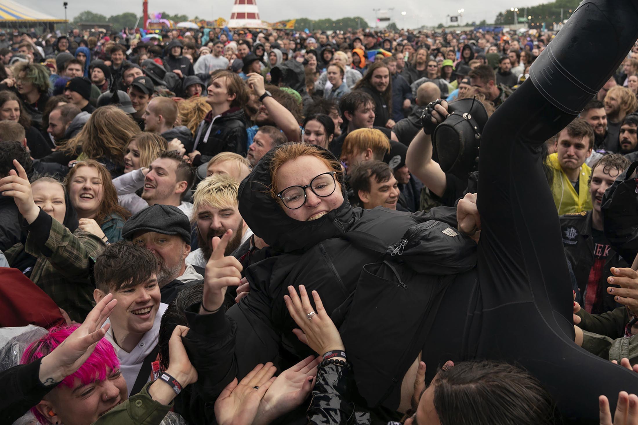 An attendee&nbsp;crowd surfs on the first day of Download Festival on June 18.