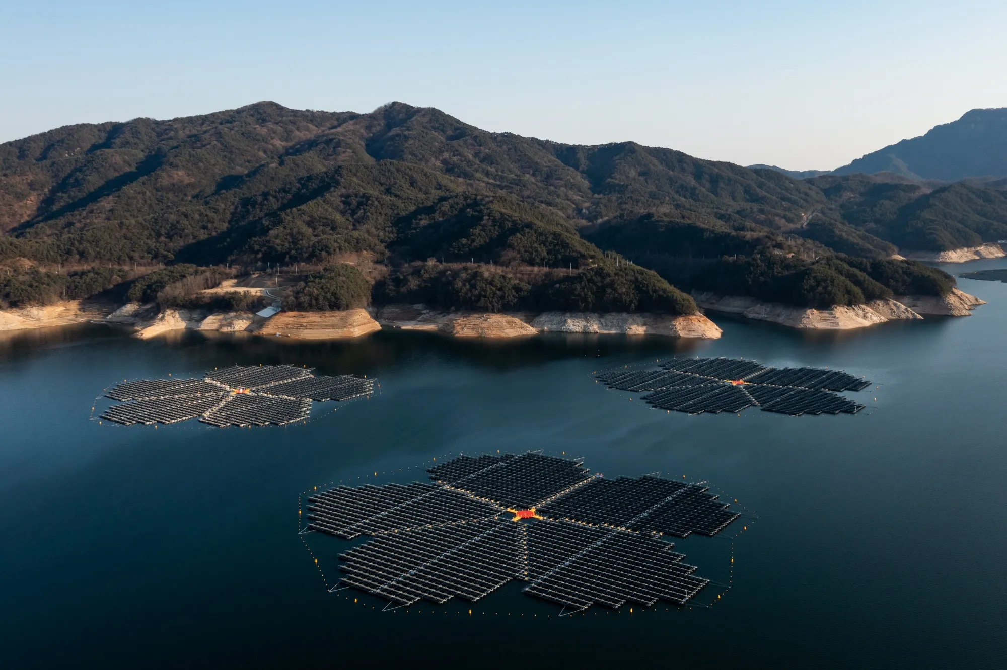 Floating solar panels on the Hapcheon Dam in Hapcheon, South Korea, on Feb. 8, 2022. More than 92,000 solar panels floating on the surface of a reservoir are able to generate 41 megawatts, enough to power 20,000 homes.