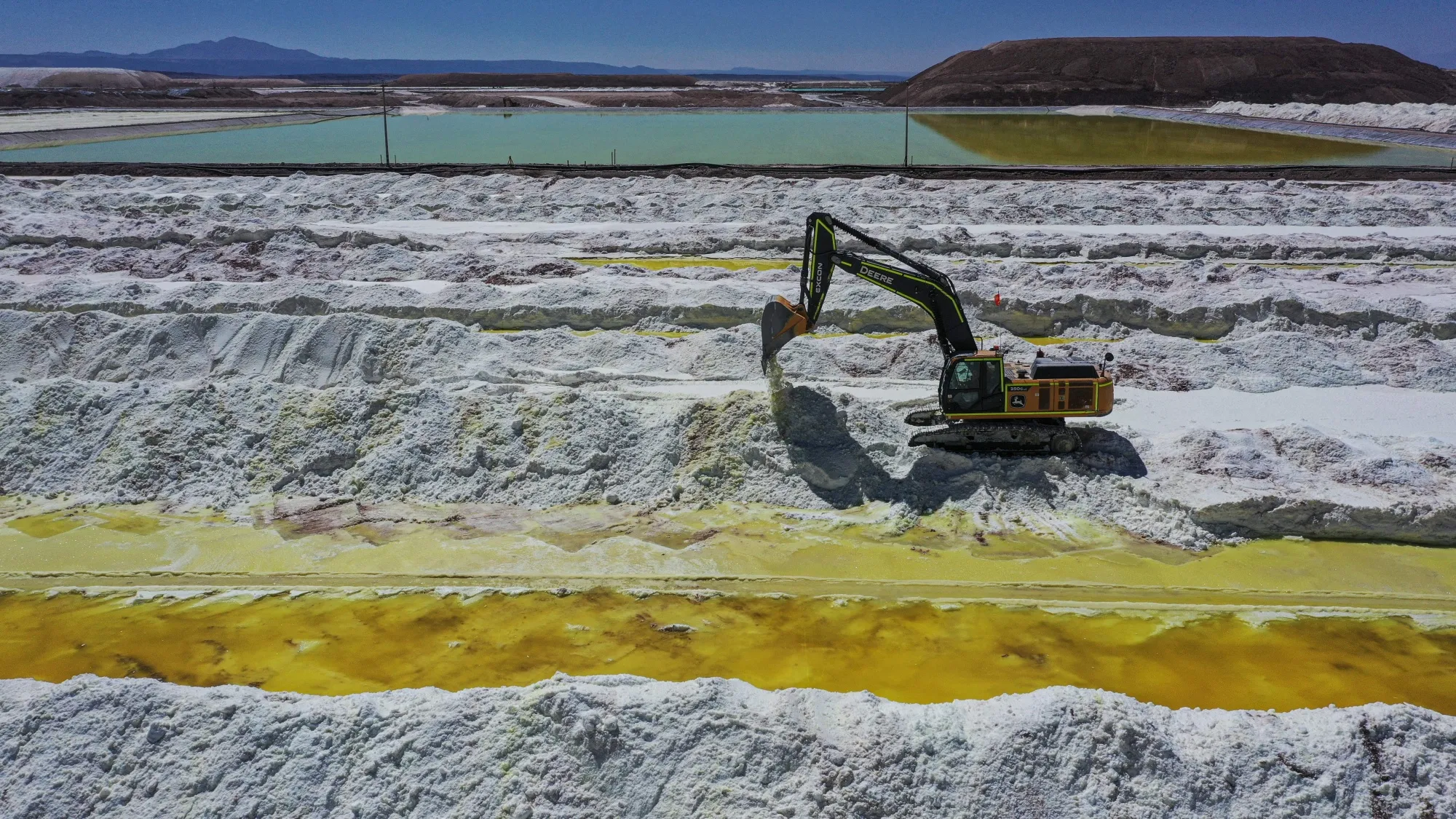 Brine ponds and processing areas of a lithium mine in Chile’s&nbsp;Atacama Desert.
