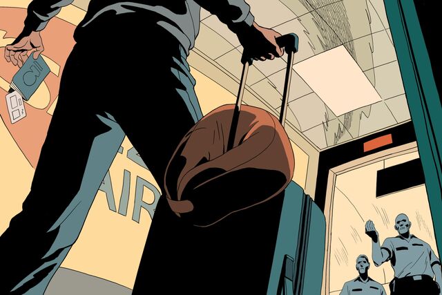 An illustration depicting the back of the bottom-half of a man at the airport with a small carry-on suitcase, a travel neck-pillow and a passport as he approaches two officials.