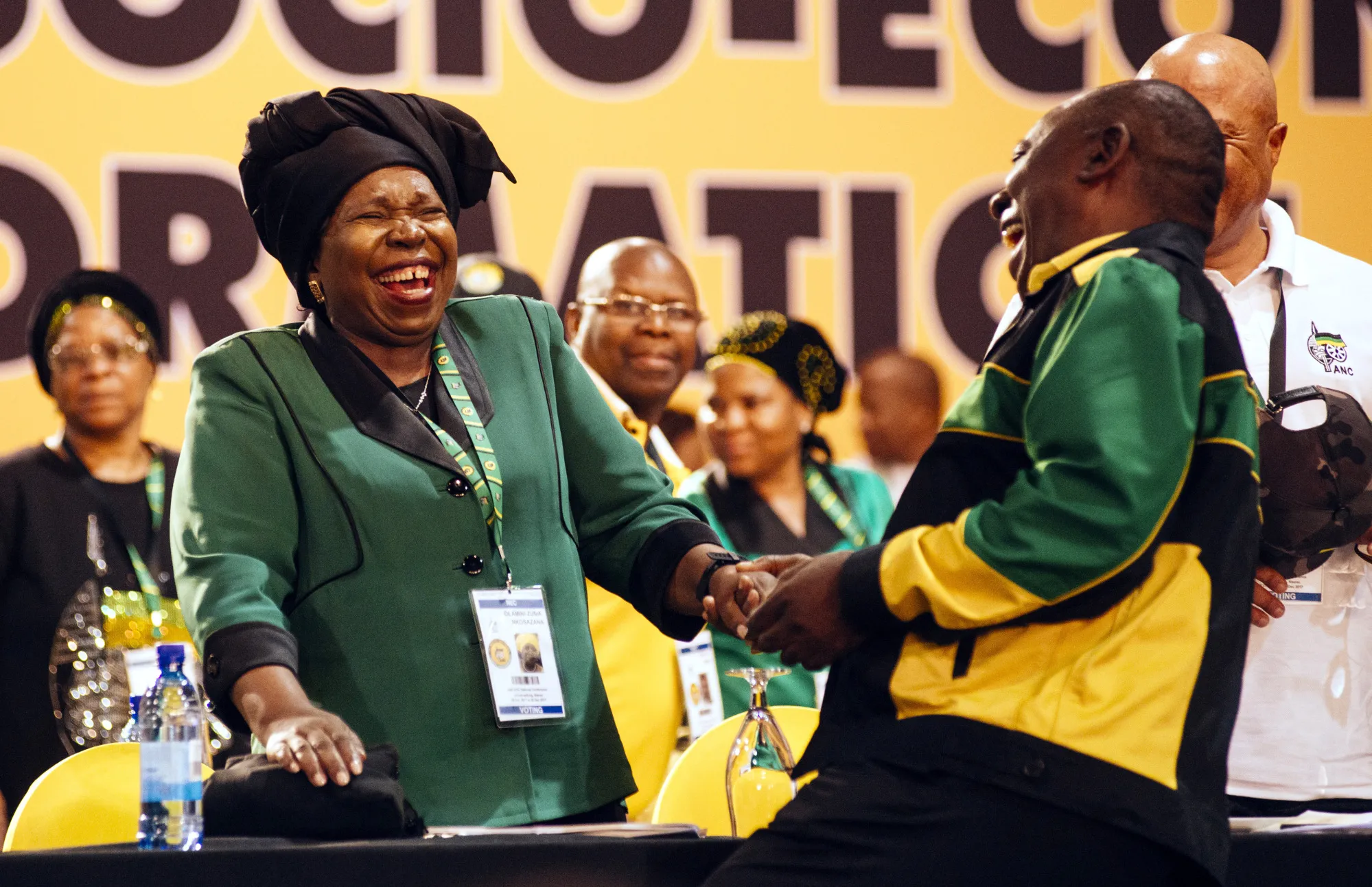Nkosazana Dlamini-Zuma, presidential candidate of the African National Congress party (ANC), left, reacts with Cyril Ramaphosa, South Africa's deputy president, during the 54th national conference of the African National Congress party (ANC) in Johannesburg, South Africa, on Saturday, Dec. 16, 2017.&nbsp;