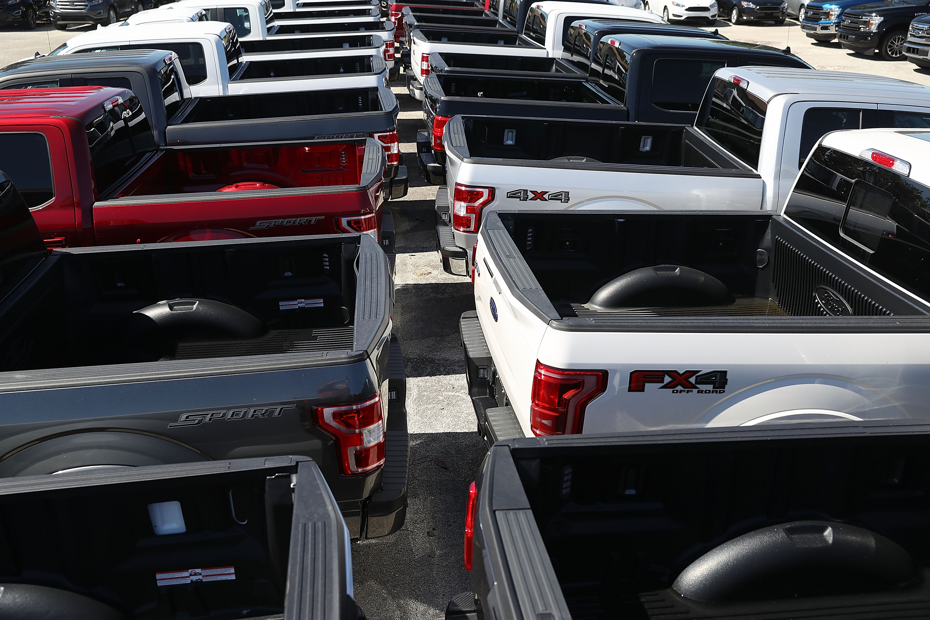 Ford pickup trucks on a&nbsp;sales lot in Miami, Florida.&nbsp;