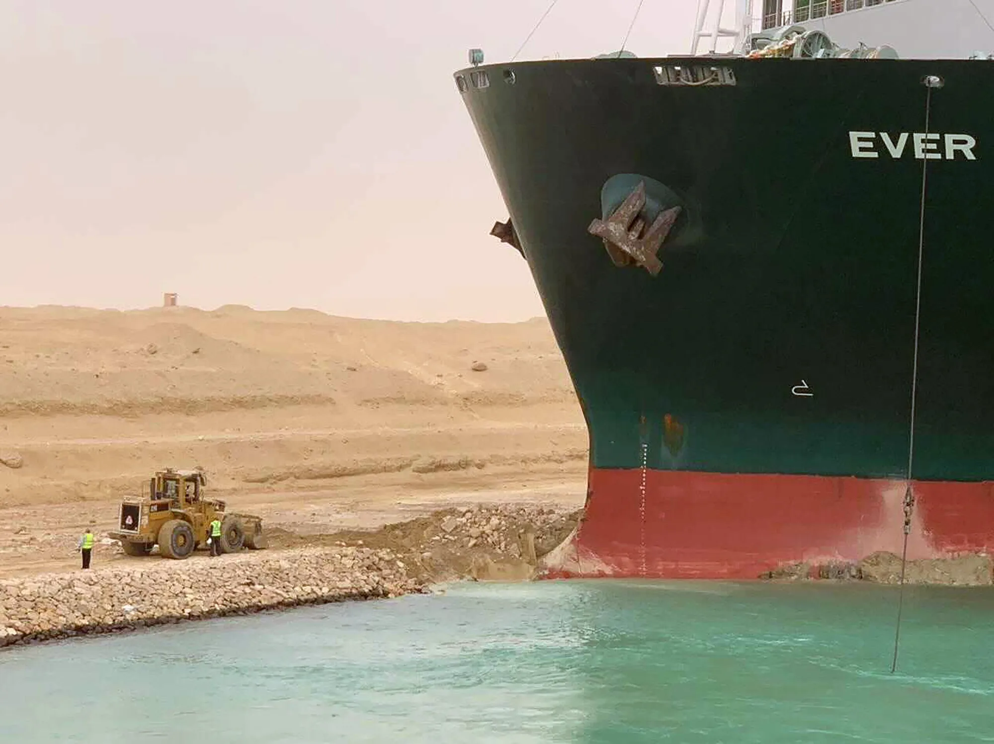 The bow of container vessel MV Ever Given after running aground in the Suez Canal on March 24.