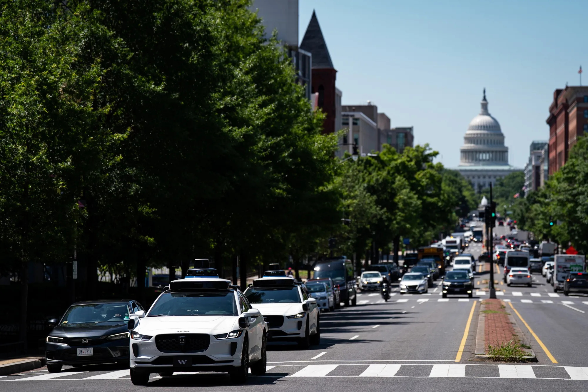 Waymo autonomous taxis near the US Capitol in Washington.