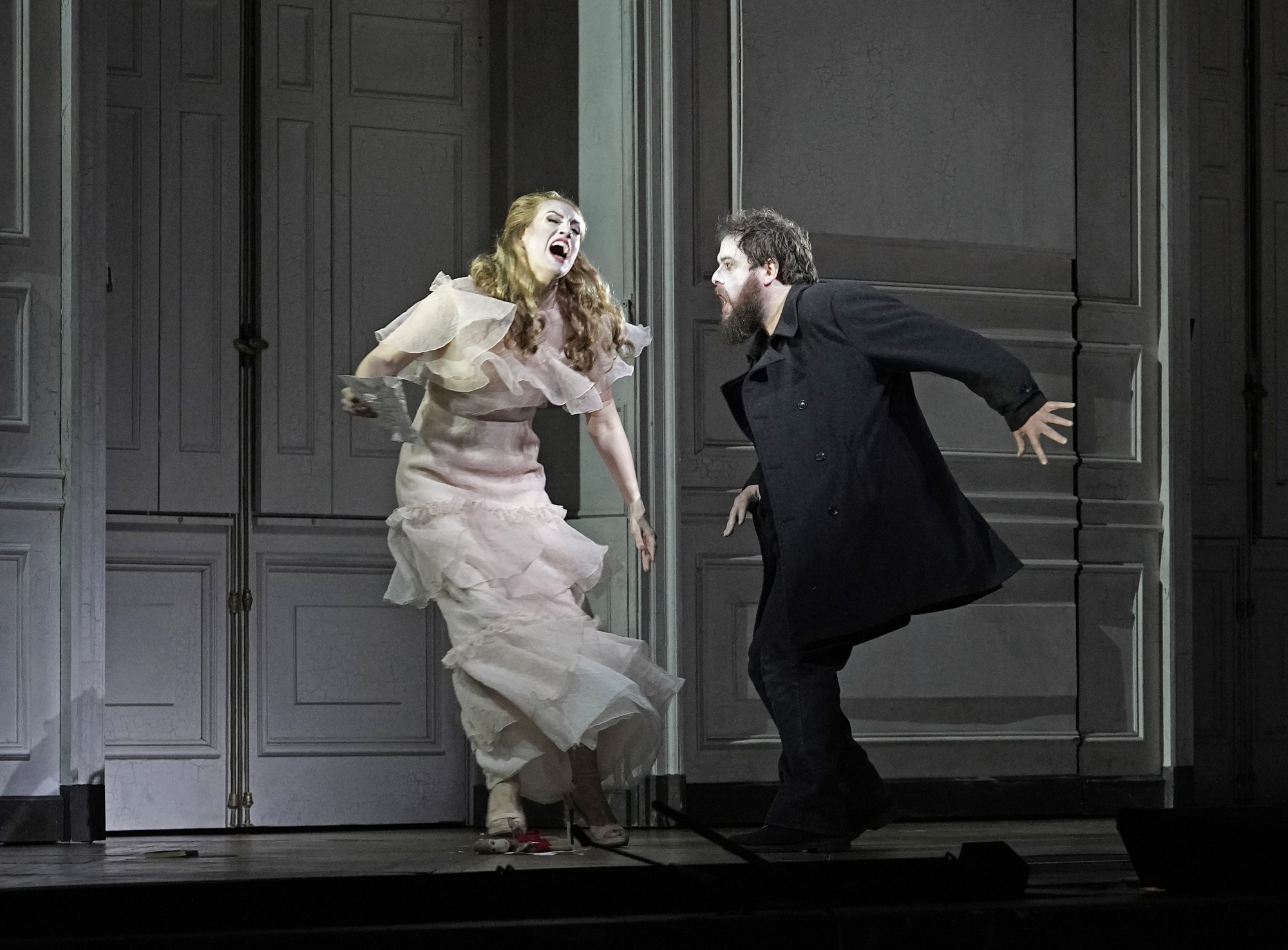 This image released by the Metropolitan Opera shows Brenda Rae as Ophelia, left, and Allan Clayton as Hamlet in the Metropolitan Opera's production of Matthew Jocelyn and Brett Dean's adaptation of Shakespeare's play &quot;Hamlet&quot; on May 4, 2022 in New York. (Karen Almond/Metropolitan Opera via AP)