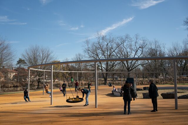 A 20-swing structure for visitors of all ages at the Anna C. Verna playground. 