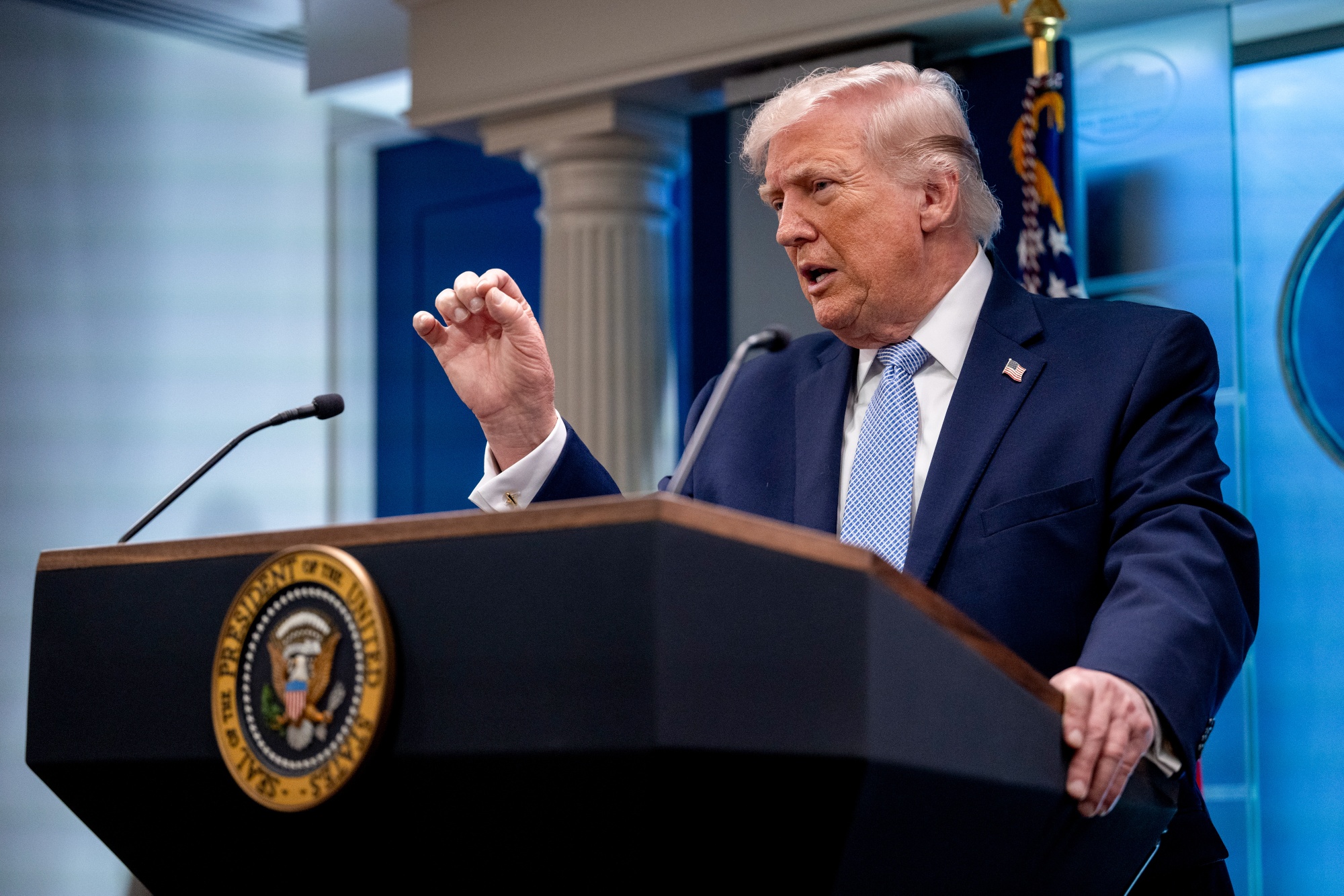 President Donald Trump during a news conference in the James S. Brady Press Briefing Room of the White House in Washington, DC,&nbsp;on&nbsp;April 6.