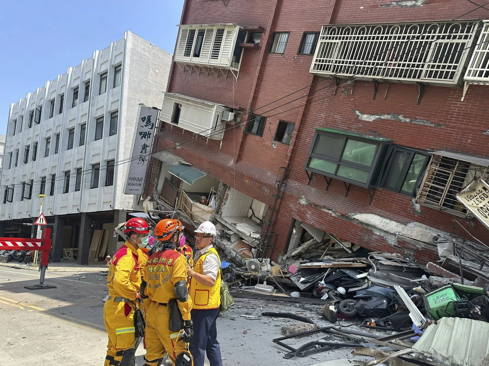 A search and rescue team outside a partially collapsed building in Hualien, Taiwan, on April 3.