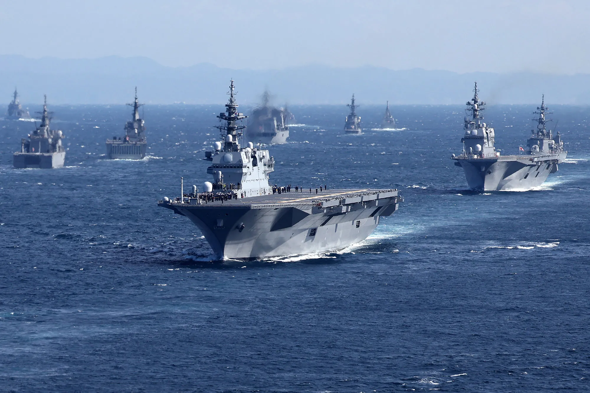 Military vessels, including Japan's Maritime Self-Defense Force's&nbsp;ship "Izumo" off Kanagawa Prefecture.