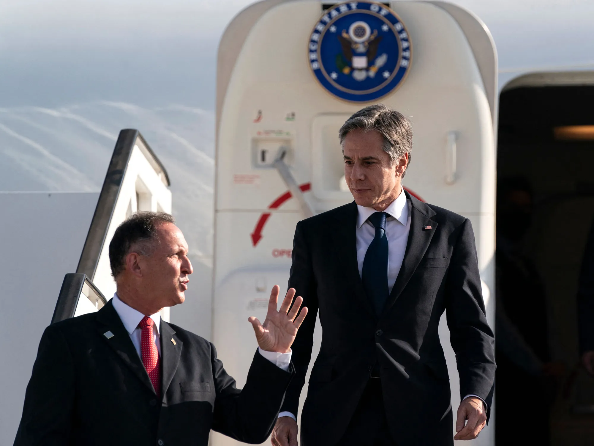 Antony Blinken, right, arrives at Ben Gurion Airport in Tel Aviv on May 25.