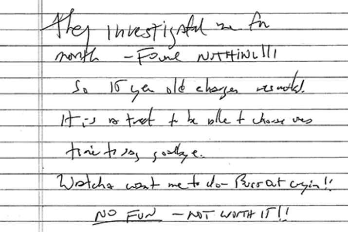 A note purportedly written by Jeffrey Epstein, released by the US District Court.