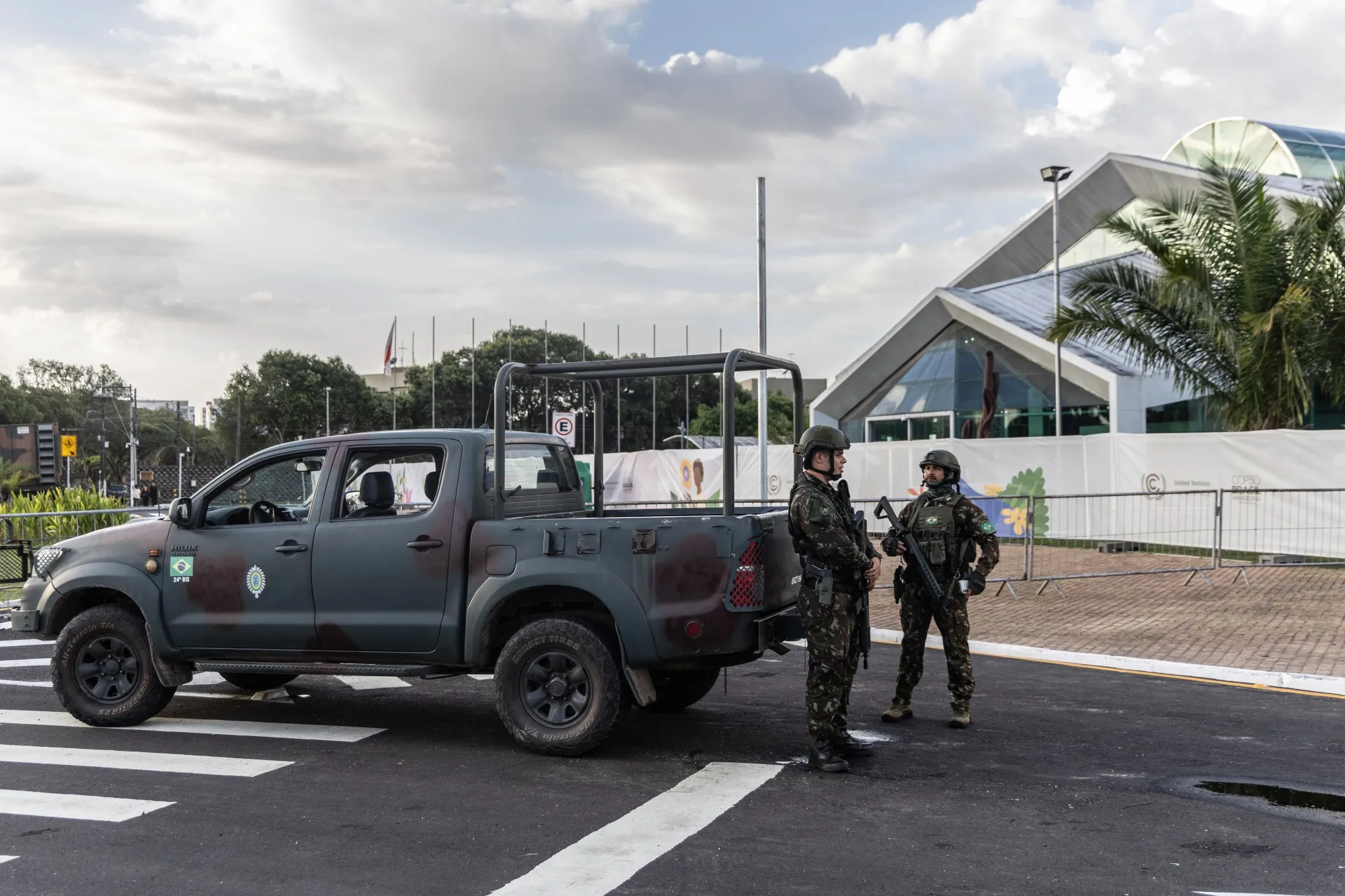 Members of the military stand guard during the COP30 Leaders Summit.