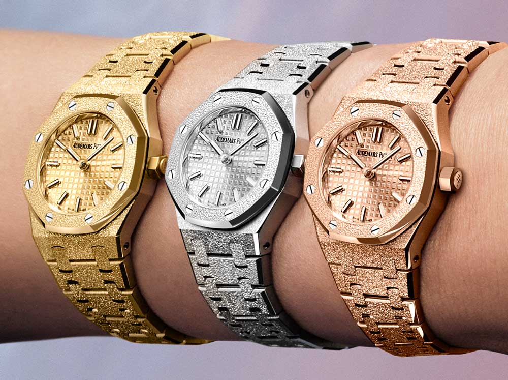 A range of frosted gold Royal Oak Mini watches