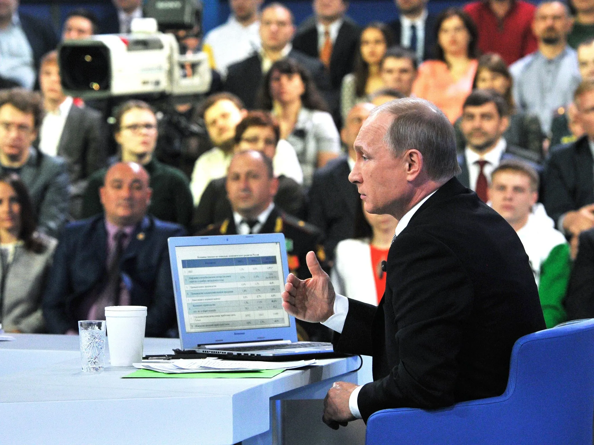 Russian President Vladimir Putin speaks during his annual televised call-in show on April 16.

