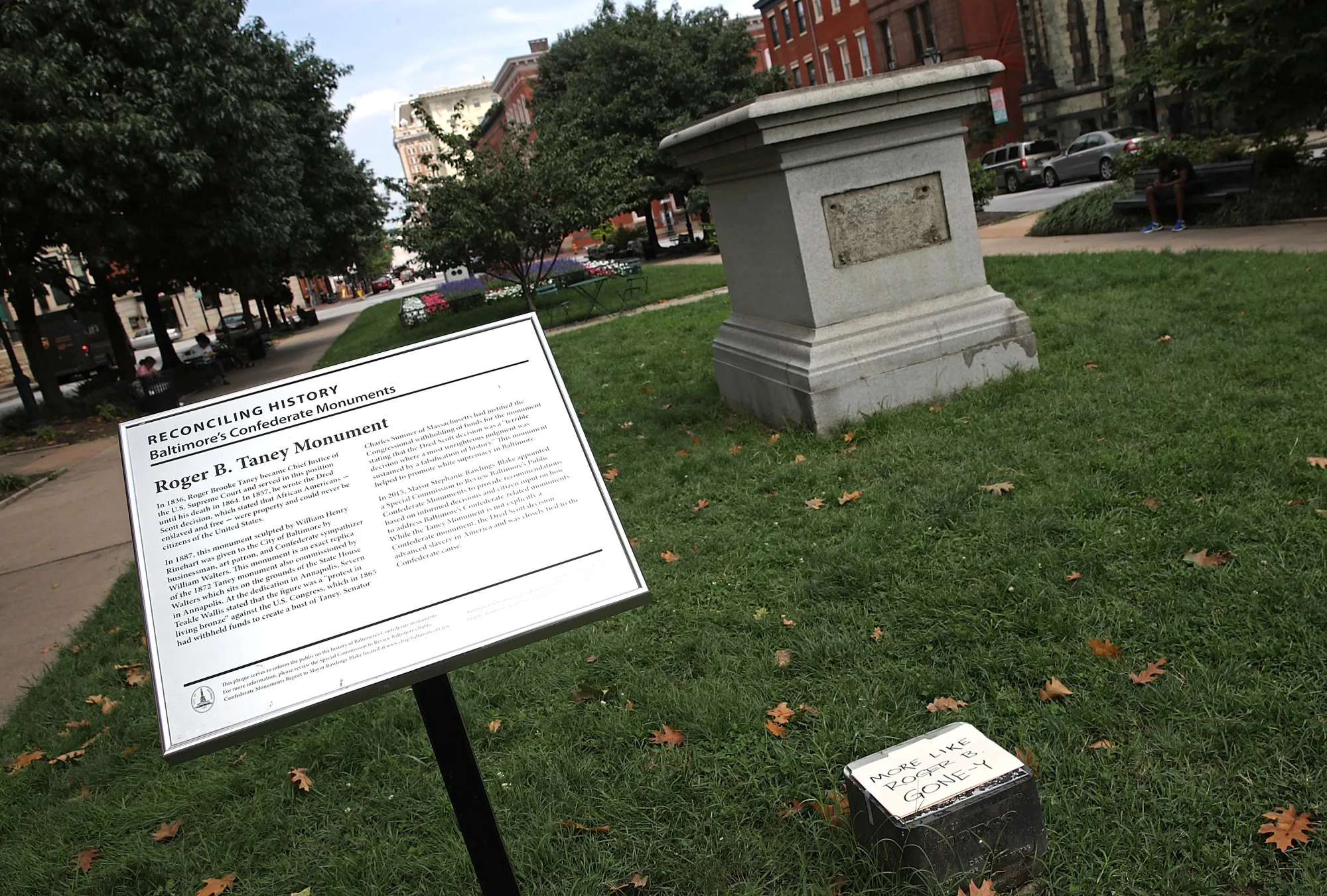 The pedestal that was formerly the base for a statue of Roger B. Taney, former Chief Justice of the U.S. Supreme Court and majority author of the Dred Scott decision, stands empty after city workers removed the statue in Baltimore, on Aug. 16, 2017.
