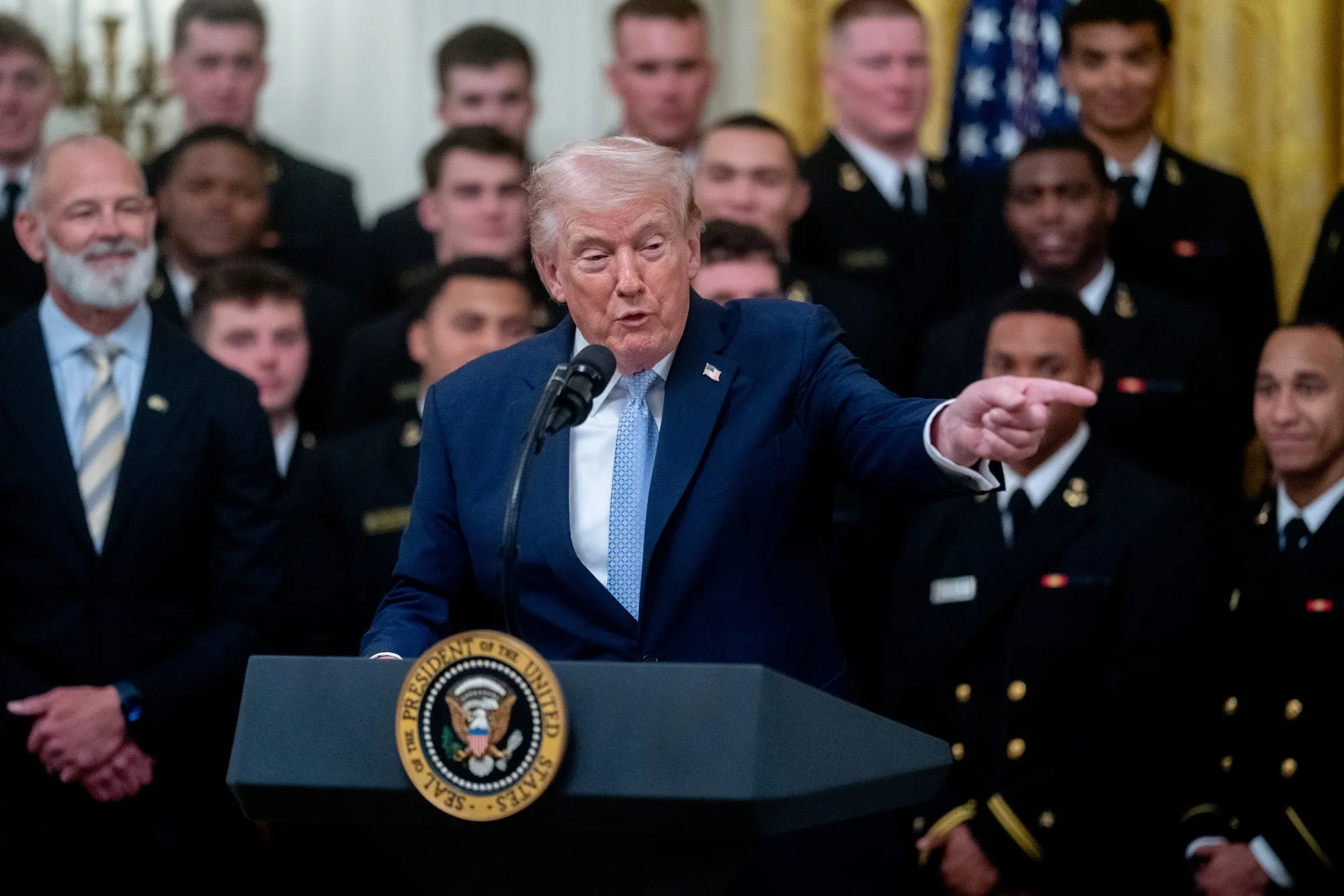 US President Donald Trump speaks during the Commander in Chiefs trophy presentation at the White House on Friday, March 20.
