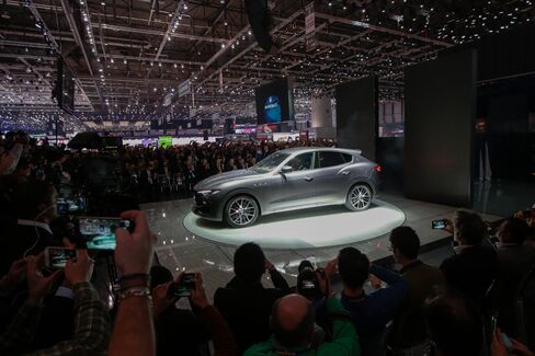 The Maserati Levante automobile sits on display in Geneva.