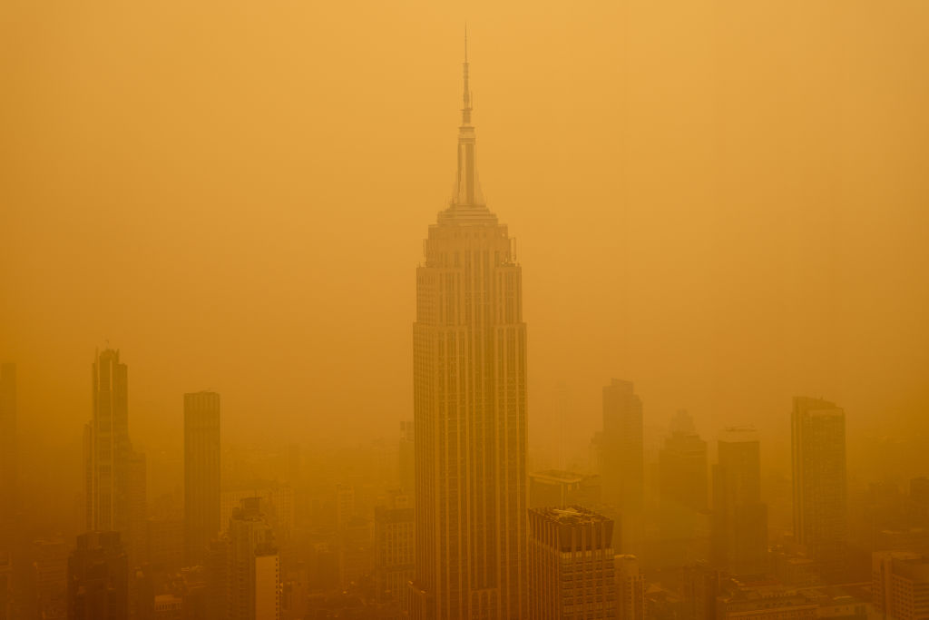 Haze from wildfires in Canada diminishes the visibility of the Empire State Building on June 7, 2023 in New York City.&nbsp;