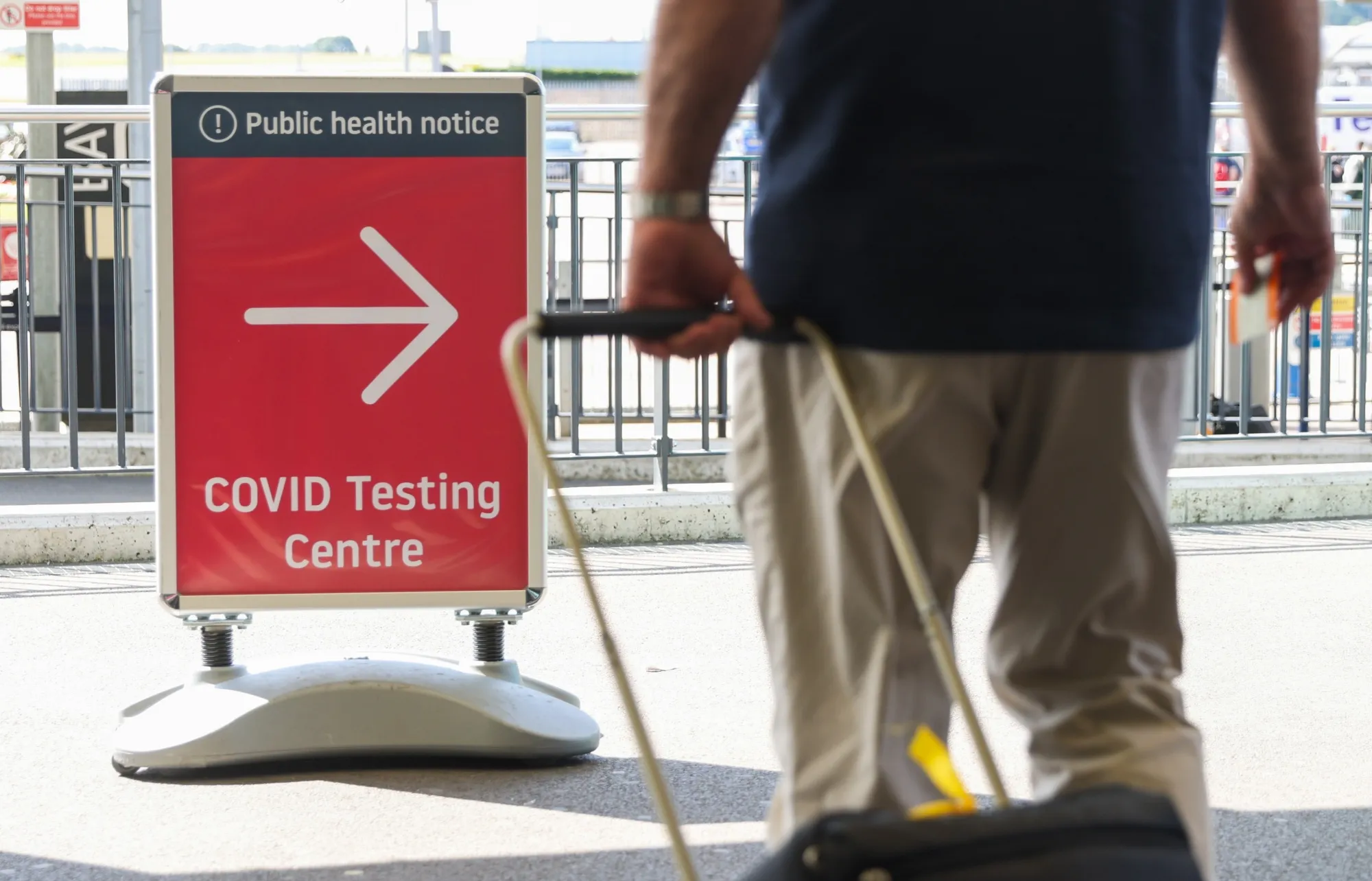 A sign for the Covid-19 testing centre at London Luton Airport in Luton, U.K.