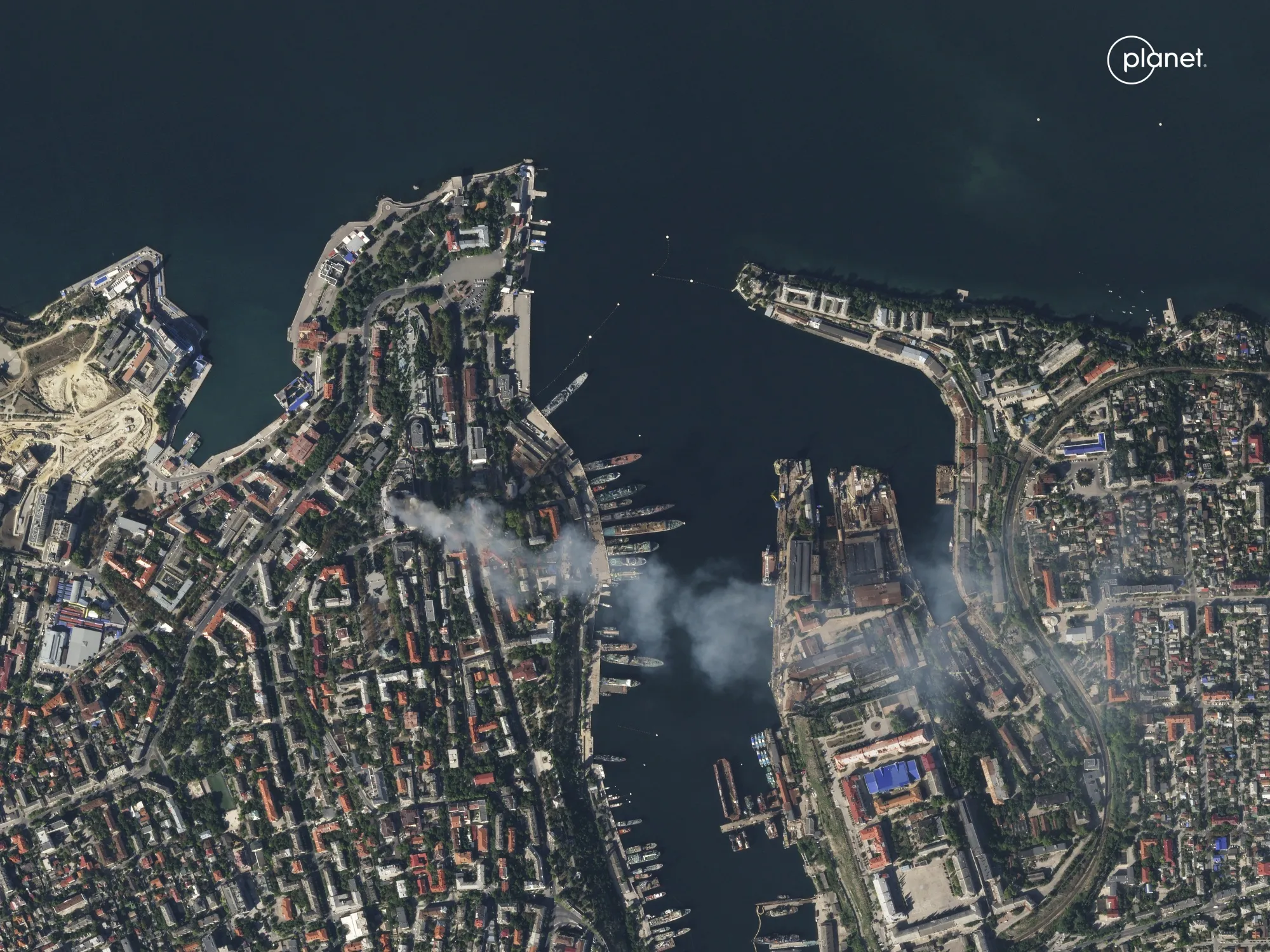 Smoke rises from a headquarters building for the Russian Black Sea fleet in Sevastopol, Crimea on Sept. 22.