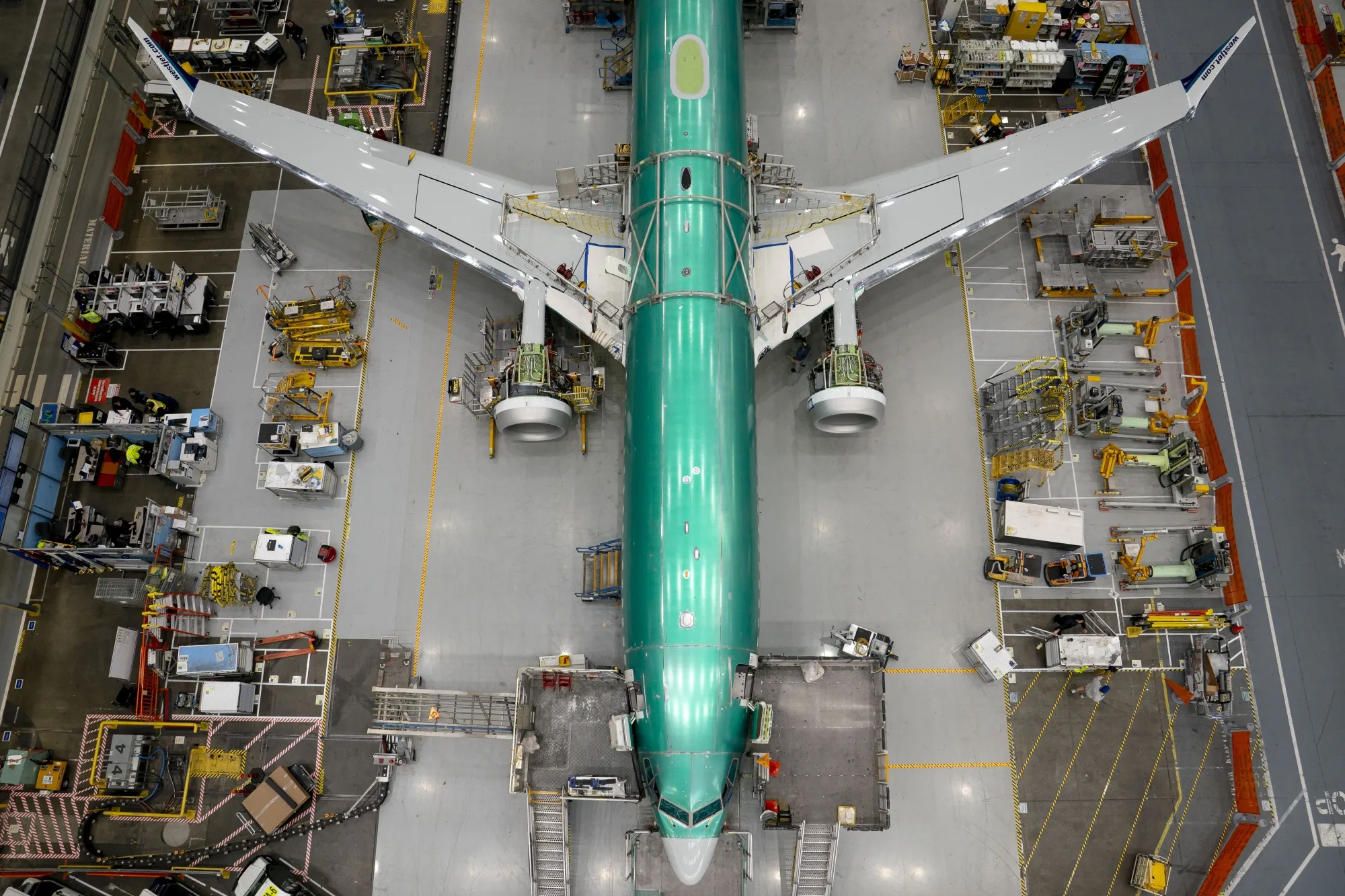 A Boeing 737 Max jet at the company's manufacturing facility in Renton, Washington.