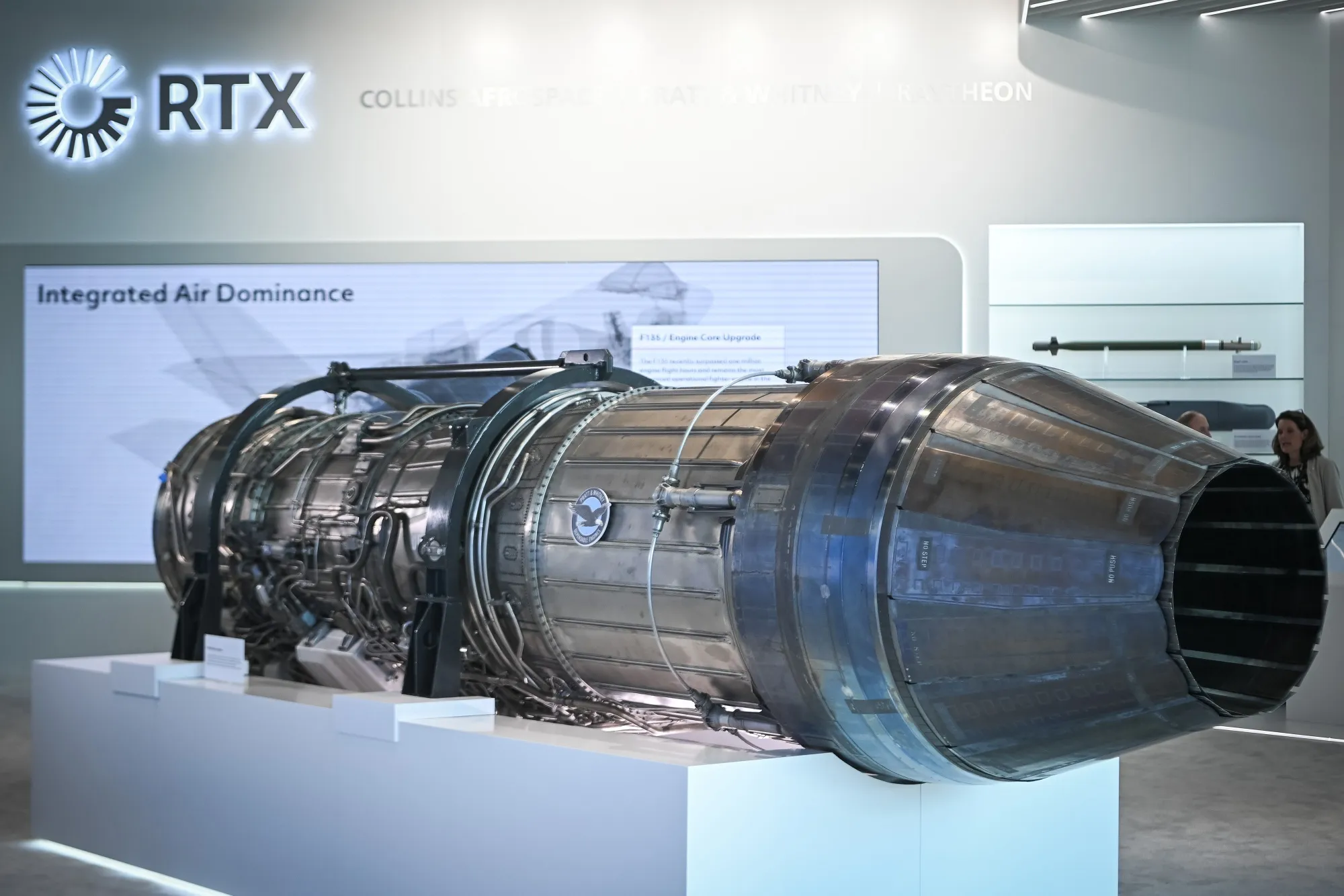 A Pratt & Whitney RTX F100 military jet engine at the Paris Air Show.