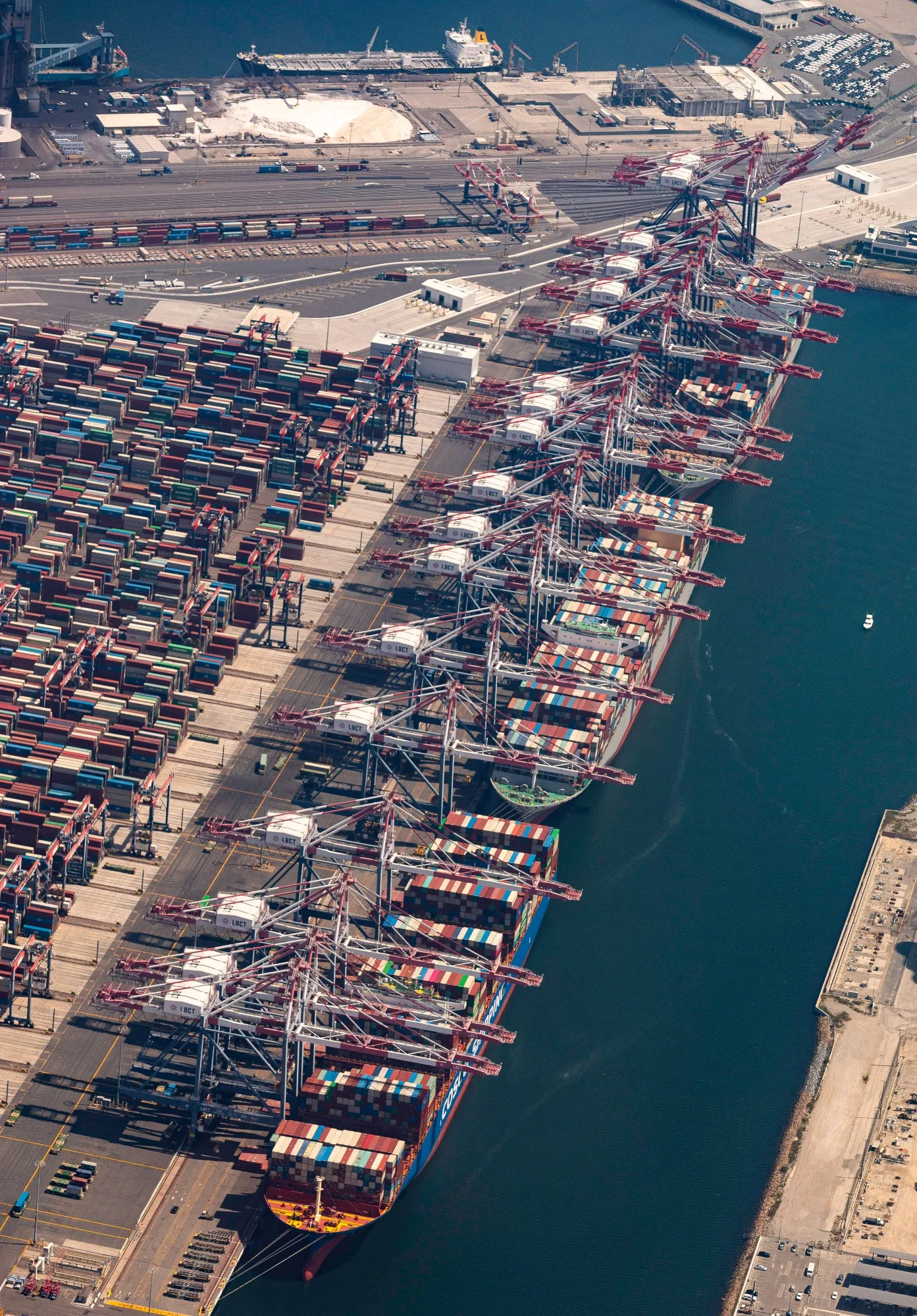 Container ships at the Port of Long Beach in Long Beach, California.