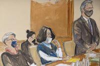 In this courtroom sketch, Ghislaine Maxwell, center, listens during a court hearing flanked by her attorneys, Bobbi Sternheim, left, and Jeffrey Pagliuca, right, on Nov. 1.