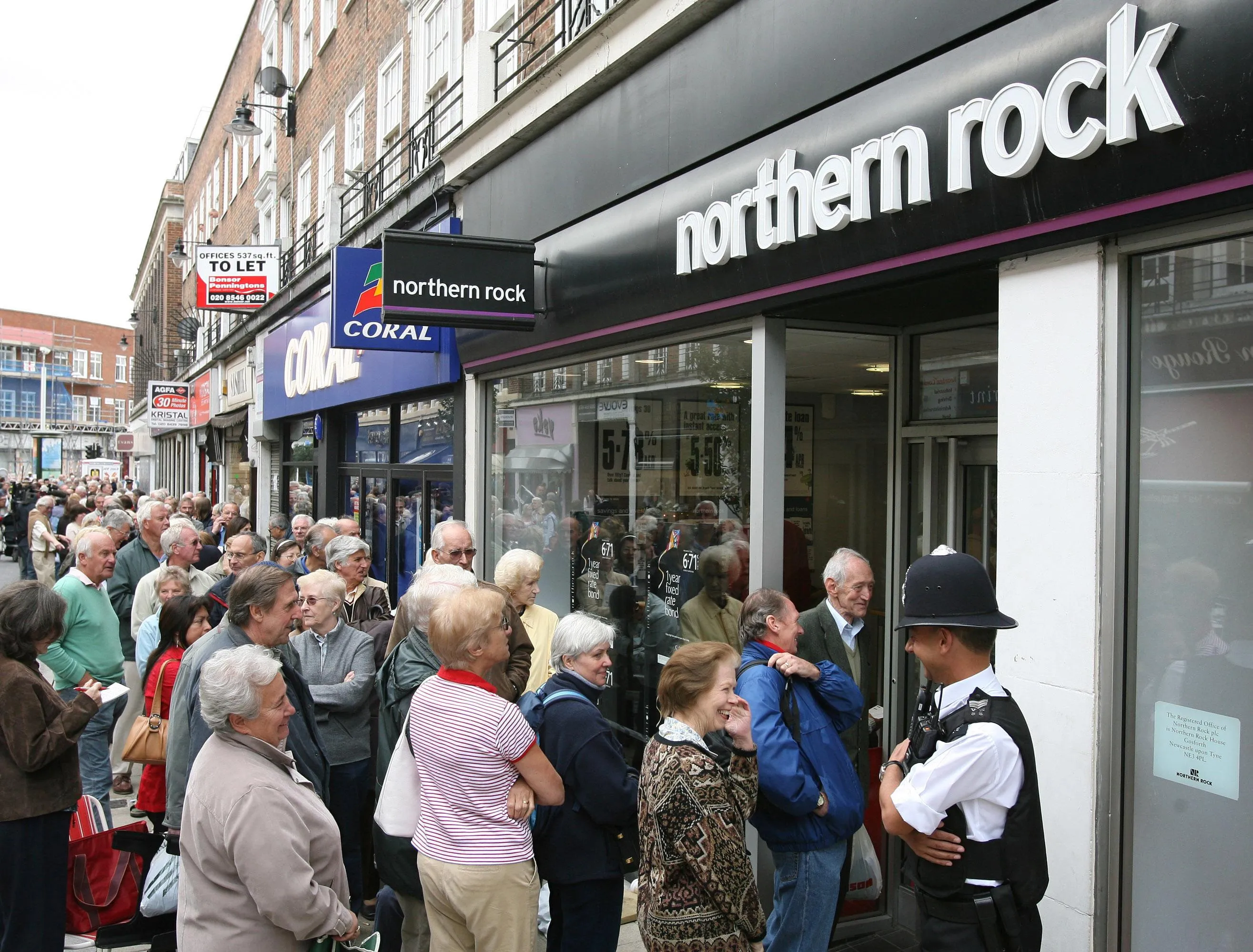 Out for an old-style run: Customers waiting to withdraw their money from&nbsp;Northern Rock bank&nbsp;during the Great Financial Crisis.