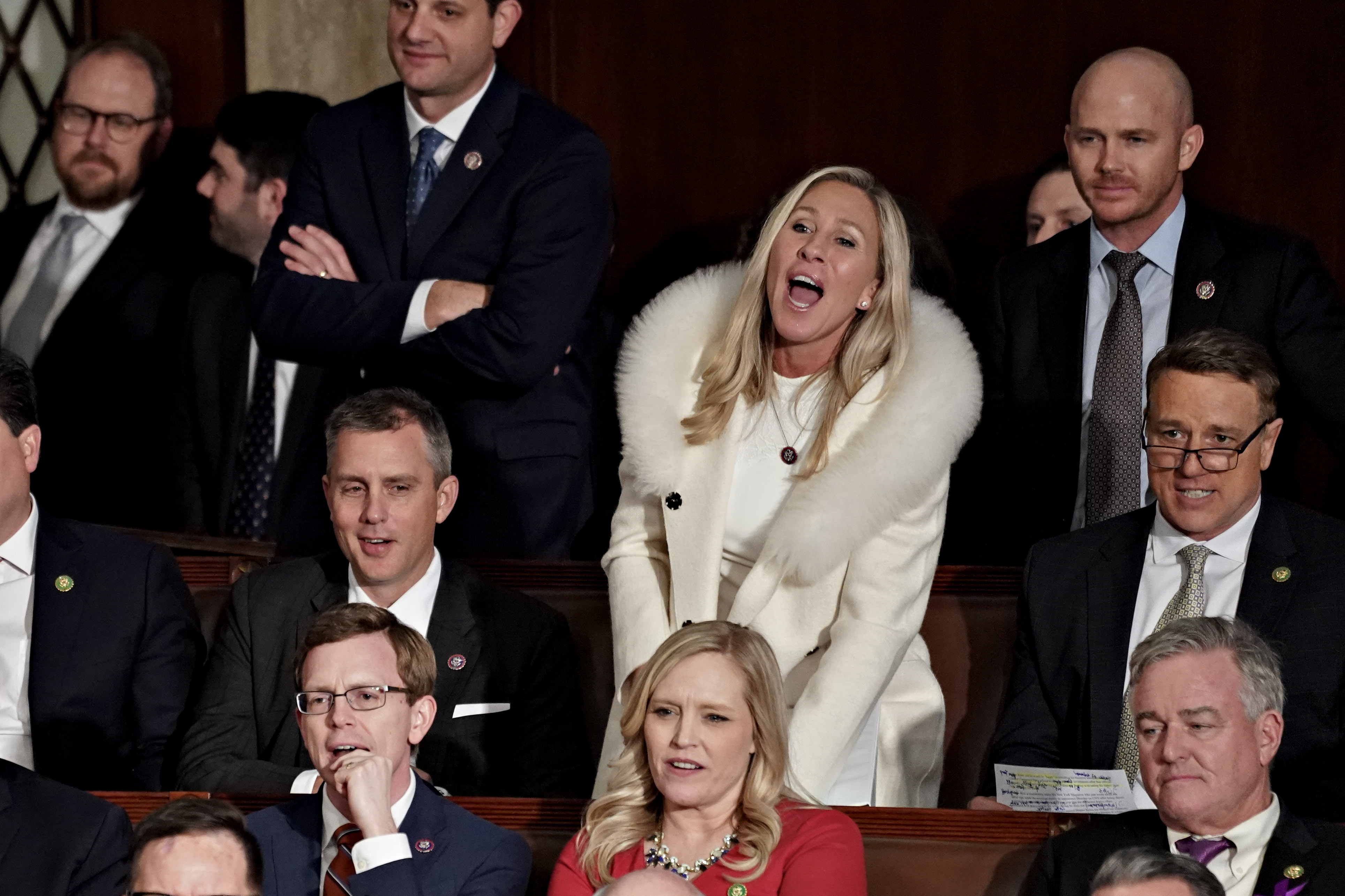 Representative Marjorie Taylor Green, a Republican from Georgia, yelling during President Joe Biden’s State of the Union address earlier this month. The new GOP majority in the House of Representatives has indicated it wants major spending concessions in exchange for raising the debt limit.