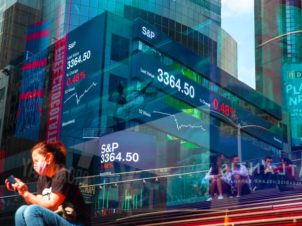 Monitors display S&P 500 market information at Morgan Stanley's headquarters in New York.