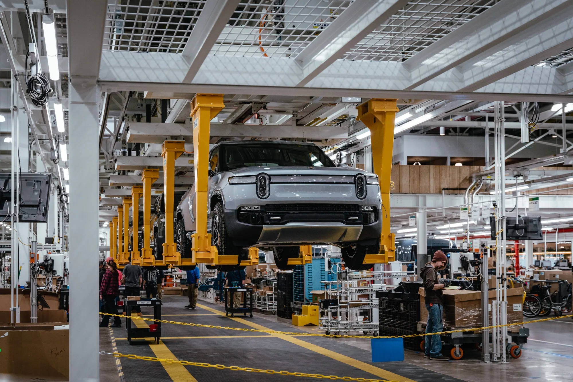 Electric pickup trucks on the assembly line in Normal, Illinois.
