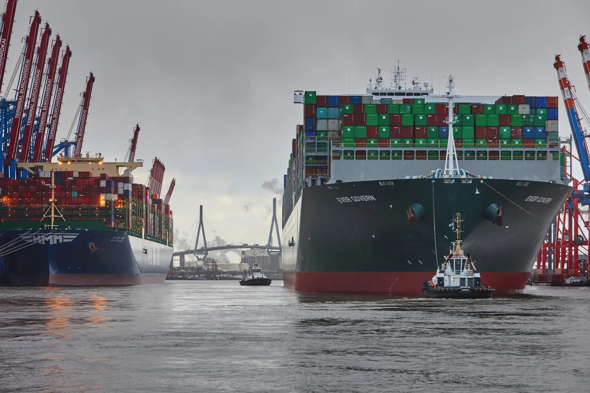A container ship sails into the Port of Hamburg in Hamburg, Germany.